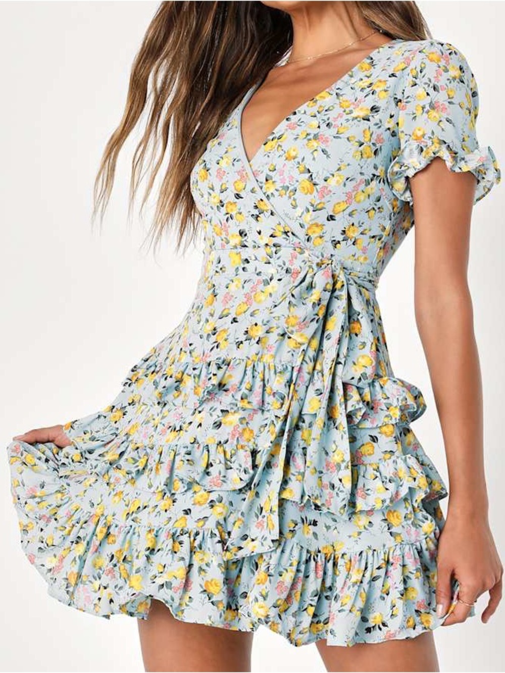 Lulus Feeling Butterflies Light Blue Floral Tiered Ruffle Mini Dress Women Small